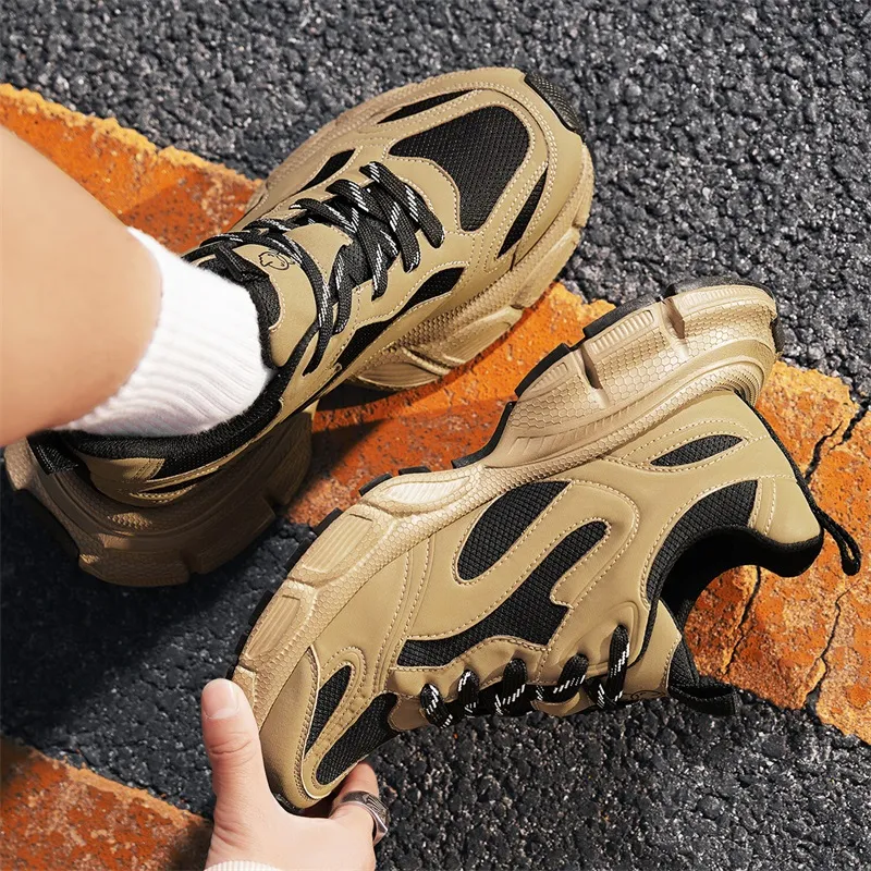 KANGLONG Slip Resistant, Abrasion Resistant, Breathable, Height Increasing Low Top Chunky Sneakers Men's Earth Yellow-4