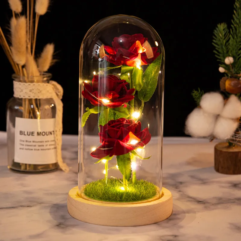 YUZHAOLIN Three Faux Rose Glass Dome Ornament Preserved Flower Dried Flower Arrangement-3