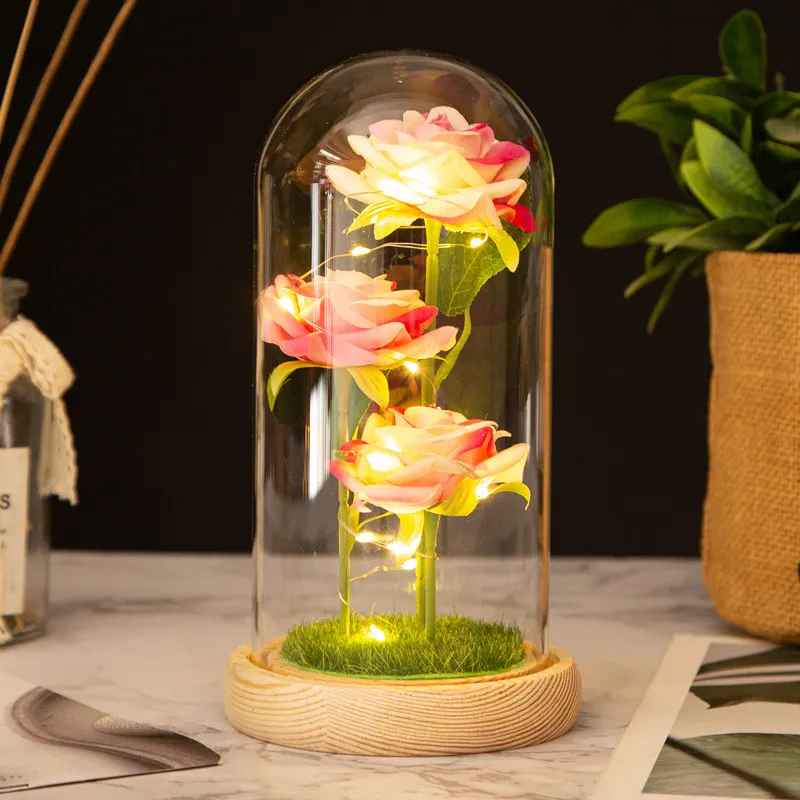 YUZHAOLIN Three Faux Rose Glass Dome Ornament Preserved Flower Dried Flower Arrangement-11