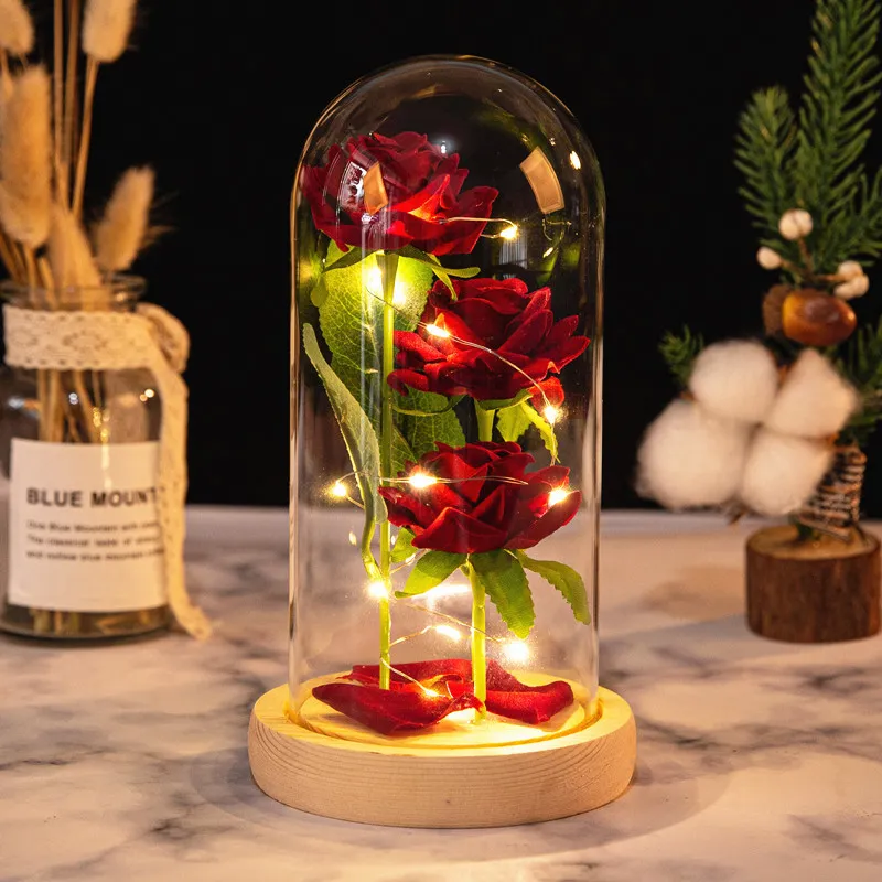 YUZHAOLIN Three Faux Rose Glass Dome Ornament Preserved Flower Dried Flower Arrangement-1