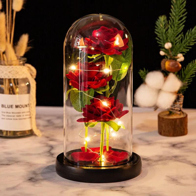 YUZHAOLIN Three Faux Rose Glass Dome Ornament Preserved Flower Dried Flower Arrangement-5