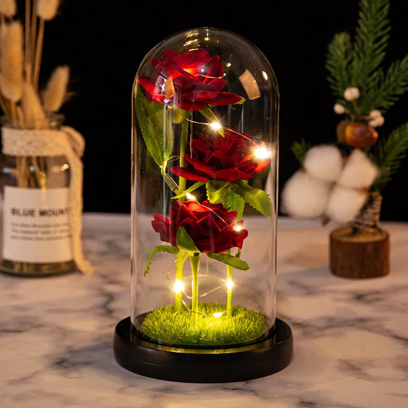 YUZHAOLIN Three Faux Rose Glass Dome Ornament Preserved Flower Dried Flower Arrangement-7