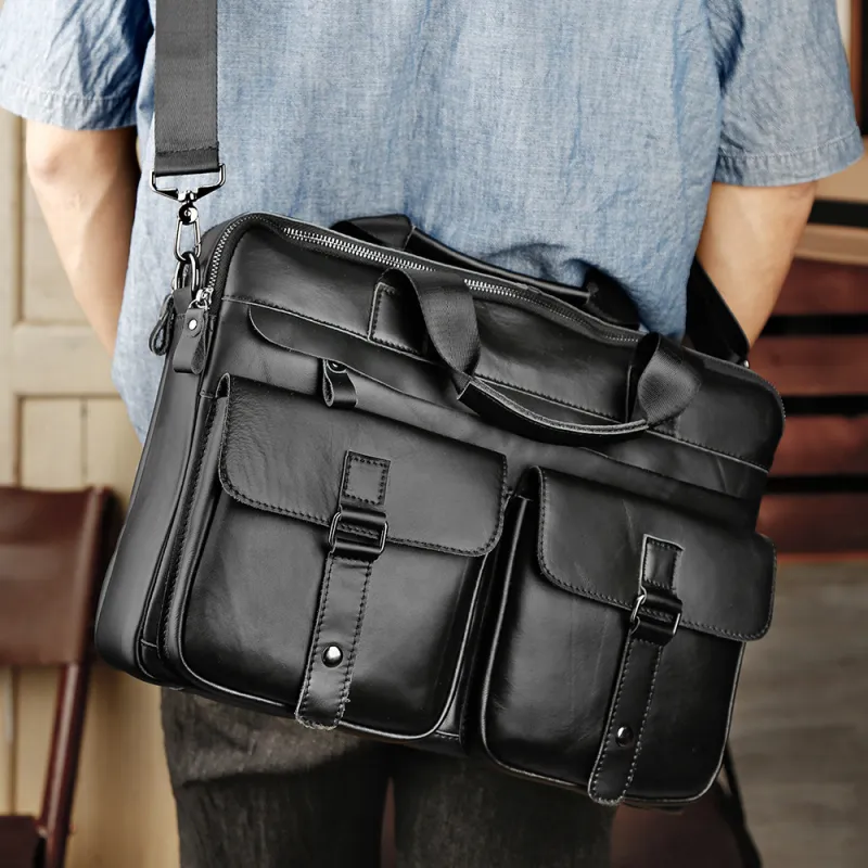 VIHUS Top Grain Cow Leather Briefcase Men's Black/Brown-10