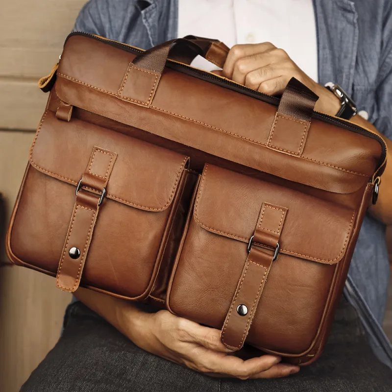 VIHUS Top Grain Cow Leather Briefcase Men's Black/Brown-5