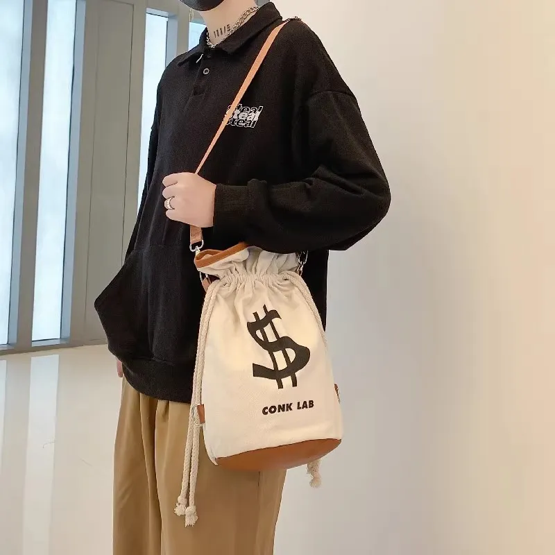 VIHUS Canvas Backpack Shoulder Bag Crossbody Bag Bucket Bag Unisex White-3