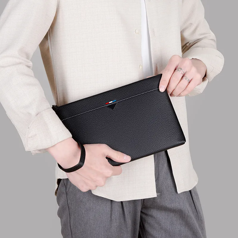 VIHUS Top Grain Cow Leather Clutch Large Size Men's Black-4