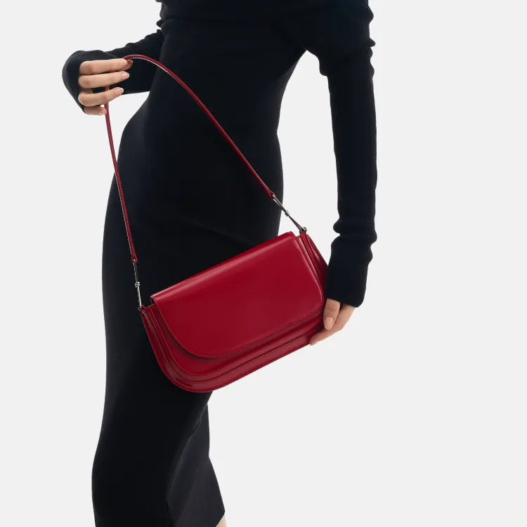 SHANSHUIJI Cow Leather Underarm One Shoulder Handbag Medium Size Women's Mountain White/Starry Night Black/Rouge Red-9