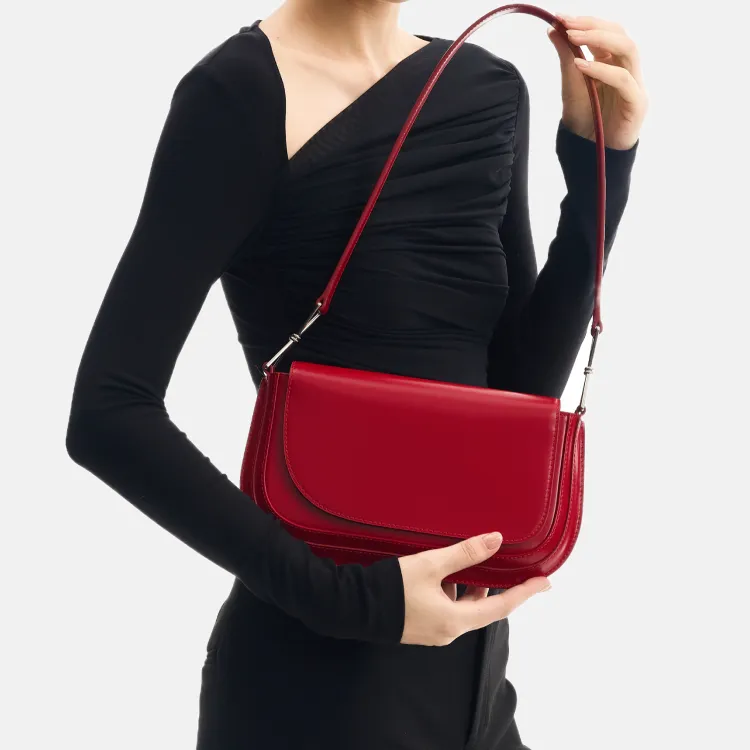 SHANSHUIJI Cow Leather Underarm One Shoulder Handbag Medium Size Women's Mountain White/Starry Night Black/Rouge Red-8