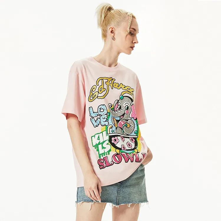 Ed Hardy T-Shirt Women's Pink Gift With Saint Laurent Black Opium Fragrance Pendant-4