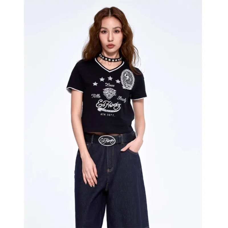 Ed Hardy Pyrography Embroidery Logo Casual Short Sleeved Set T Shirt Women's Black-4