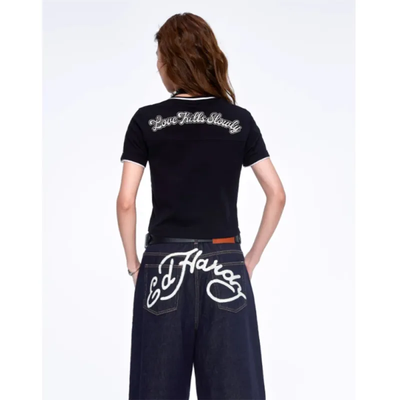 Ed Hardy Pyrography Embroidery Logo Casual Short Sleeved Set T Shirt Women's Black-5