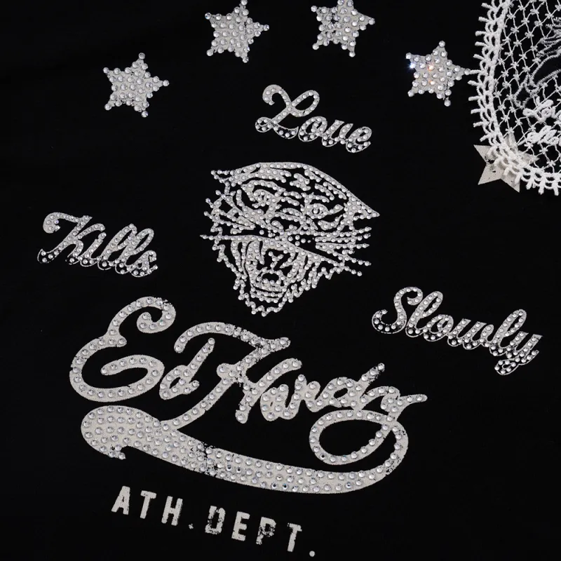 Ed Hardy Pyrography Embroidery Logo Casual Short Sleeved Set T Shirt Women's Black-2