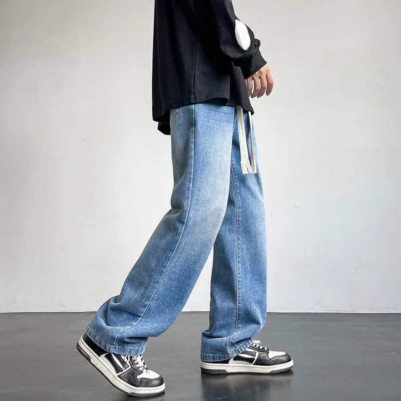 NOME Preppy Style Loose Fit Casual Washable Distressed Lace Up Jeans Unisex-7