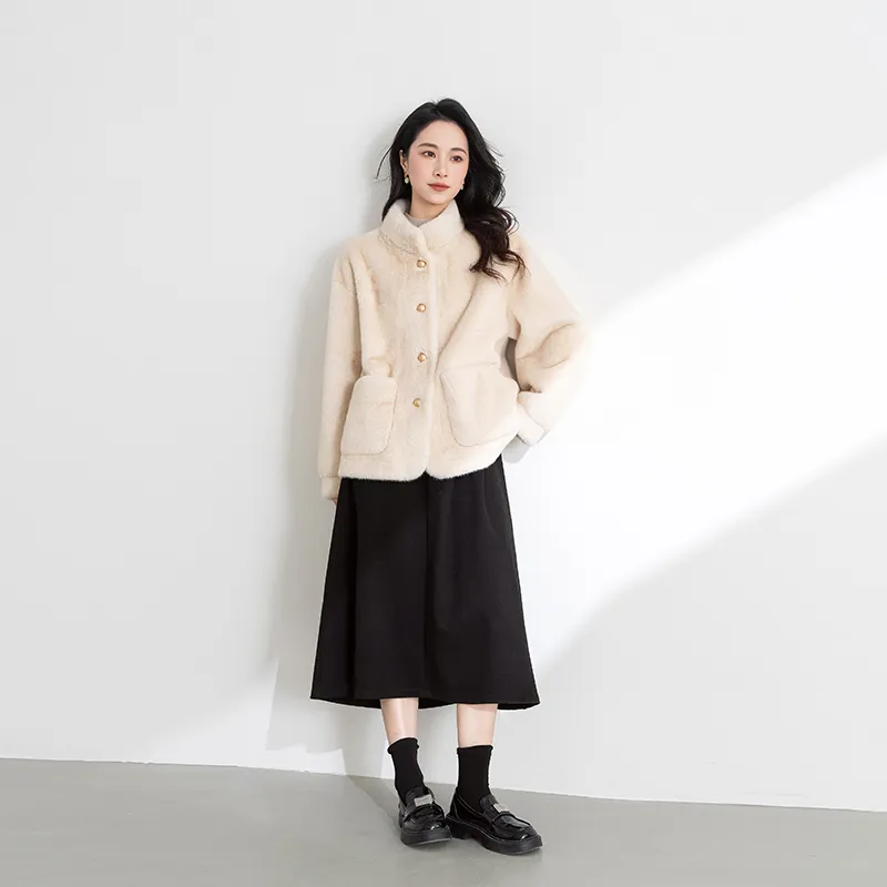 Shavani Cropped Coats Women's Cream Beige-3