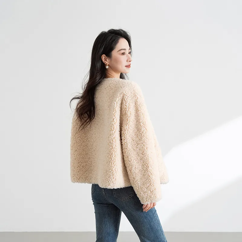 Shavani Cropped Coat Women's Beige Apricot-3