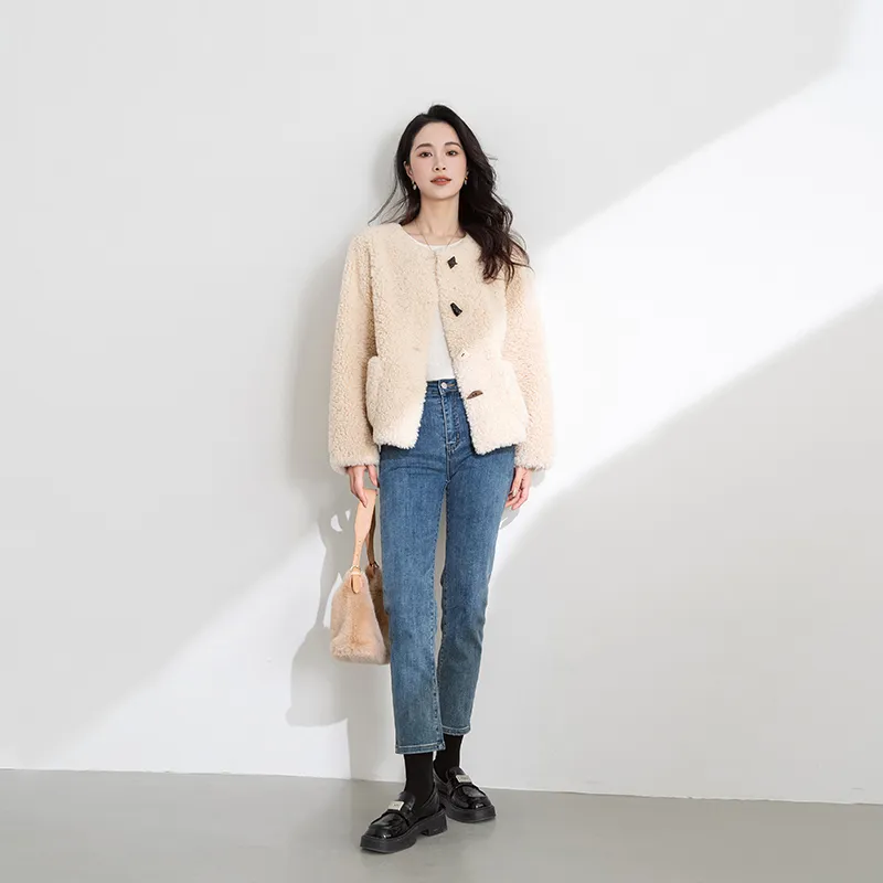 Shavani Cropped Coat Women's Beige Apricot-2