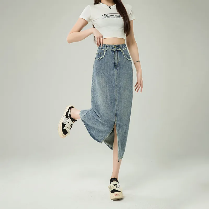 Shavani Denim Long Skirts Women's Blue-2
