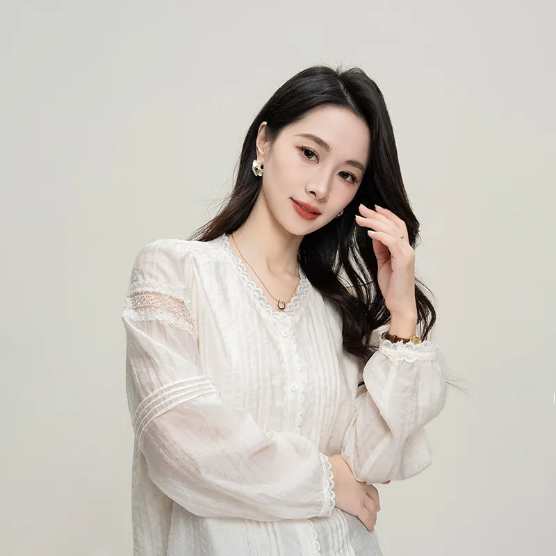 Shavani Lace Patchwork Elegance Sweet Style Shirt Women's Beige-1