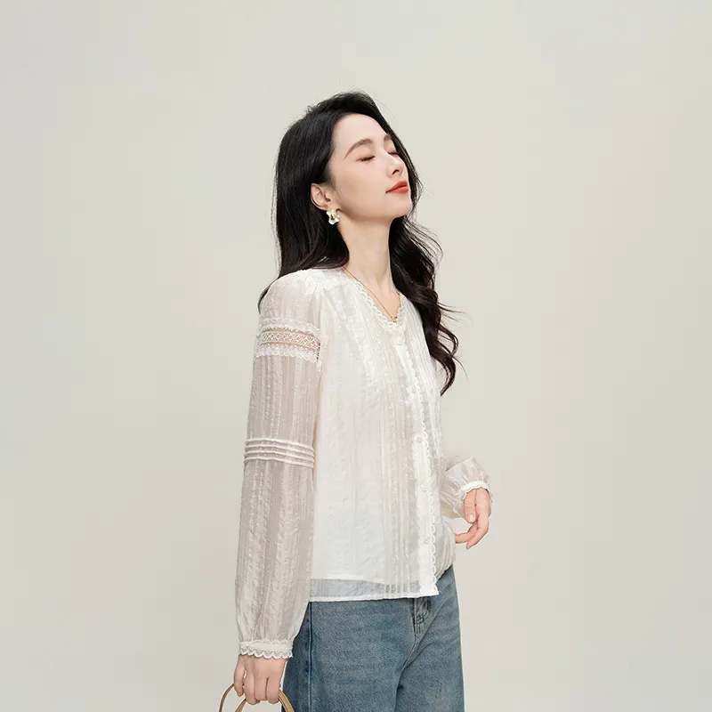 Shavani Lace Patchwork Elegance Sweet Style Shirt Women's Beige-3