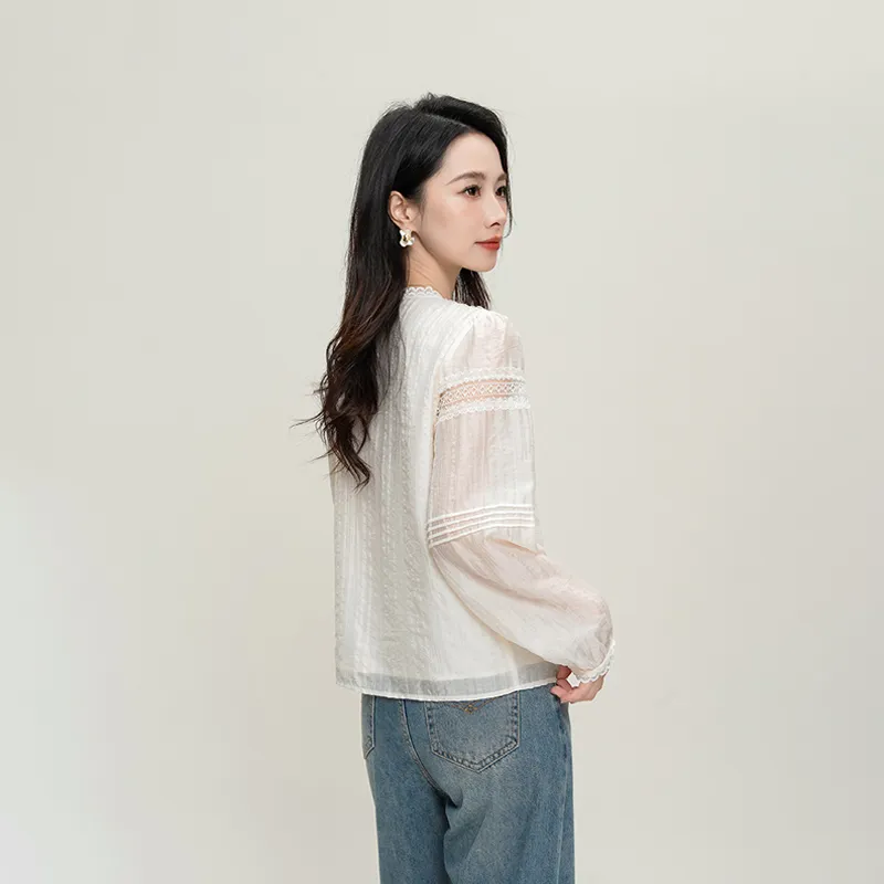 Shavani Lace Patchwork Elegance Sweet Style Shirt Women's Beige-4