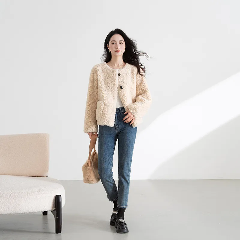 Shavani Cropped Coat Women's Beige Apricot-4