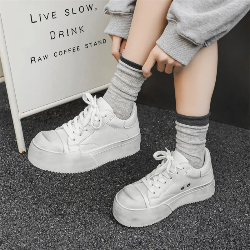 MADALLO Anti Slip And Wear Resistant Height Increasing Low Top Skateboard Shoes Women's White-4