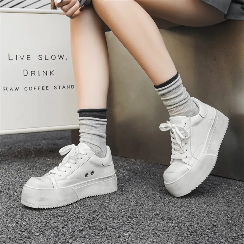 MADALLO Anti Slip And Wear Resistant Height Increasing Low Top Skateboard Shoes Women's White-3