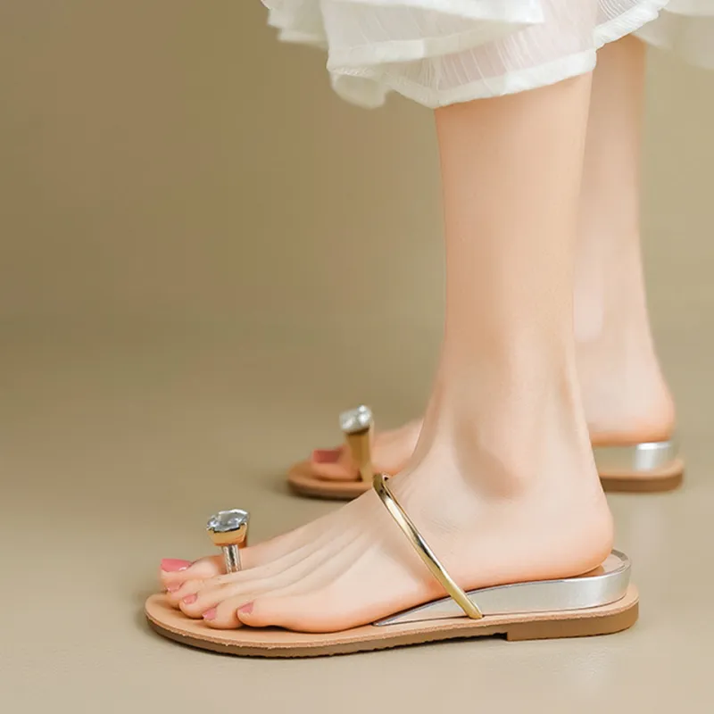 MADALLO Rubber Sole Stitching Rhinestone Slip Resistant Slide Slippers Women's-8