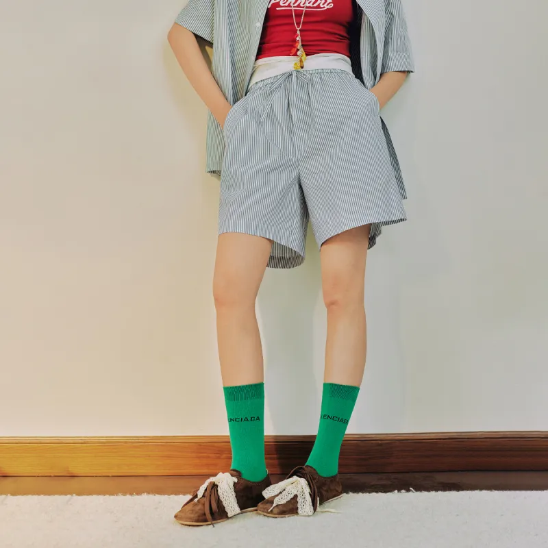 Mmlg Casual Shorts Unisex Gray/Green/White Stripes-2