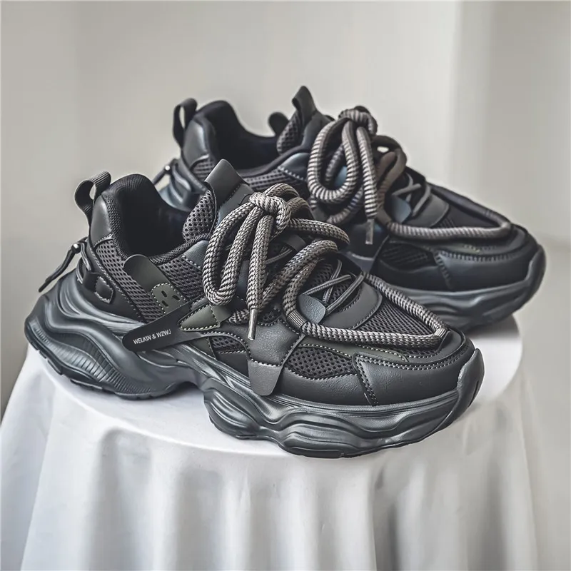 WELKIN&WZWJ Black Warrior Height Increasing Wear Resistant Slip Resistant Low Top Chunky Sneakers Men's-8