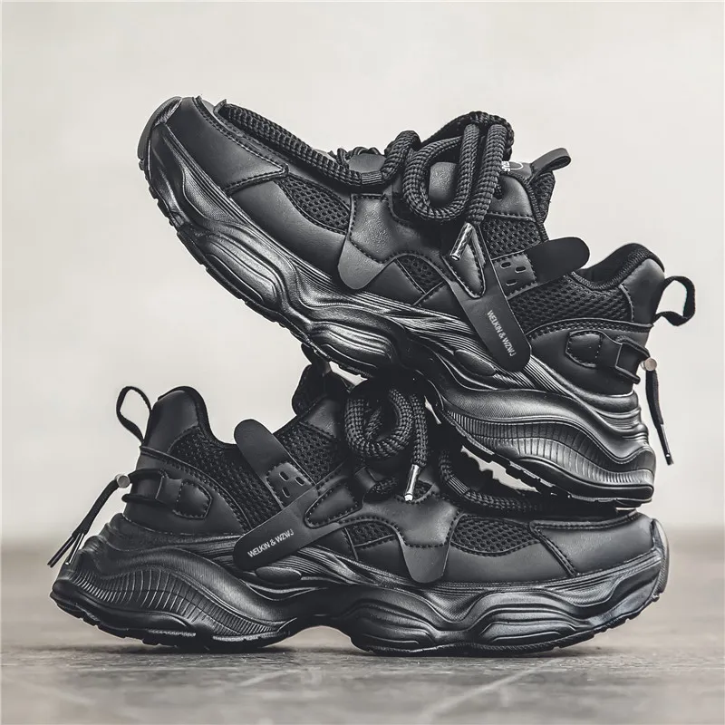 WELKIN&WZWJ Black Warrior Height Increasing Wear Resistant Slip Resistant Low Top Chunky Sneakers Men's-3
