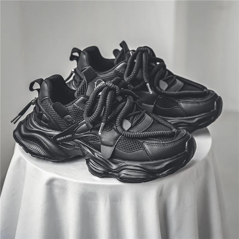 WELKIN&WZWJ Black Warrior Height Increasing Wear Resistant Slip Resistant Low Top Chunky Sneakers Men's-2