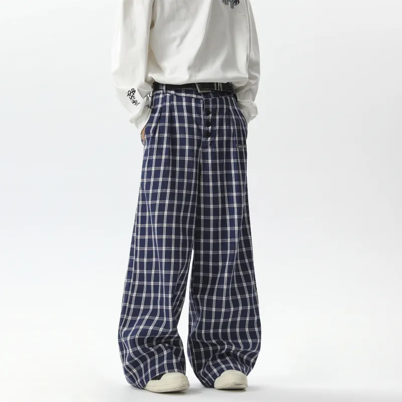 TBSM Casual Pants Unisex Blue White Plaid-5