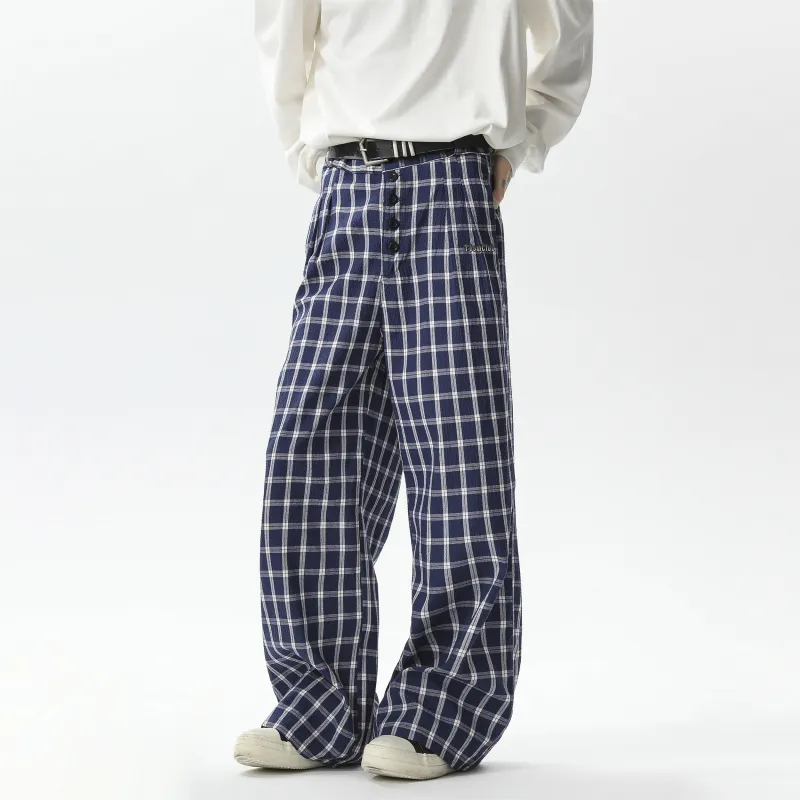 TBSM Casual Pants Unisex Blue White Plaid-2