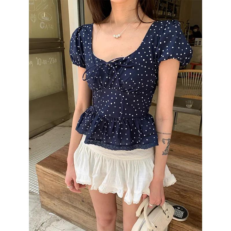 1ESS LA MODE Puff Sleeve T Shirt Women's Navy Blue-5