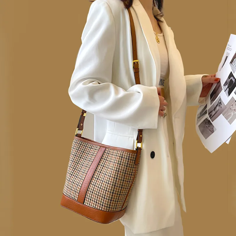 BEMIX PETS With Cow Leather And Woolen Bucket Bag, Shoulder Bag Women's Coffee Brown-2