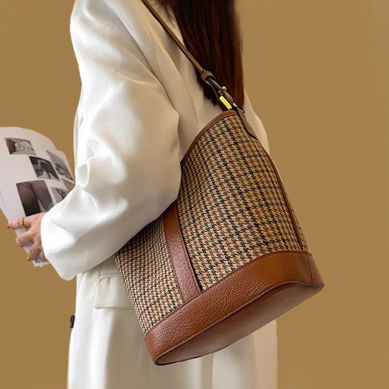 BEMIX PETS With Cow Leather And Woolen Bucket Bag, Shoulder Bag Women's Coffee Brown-1