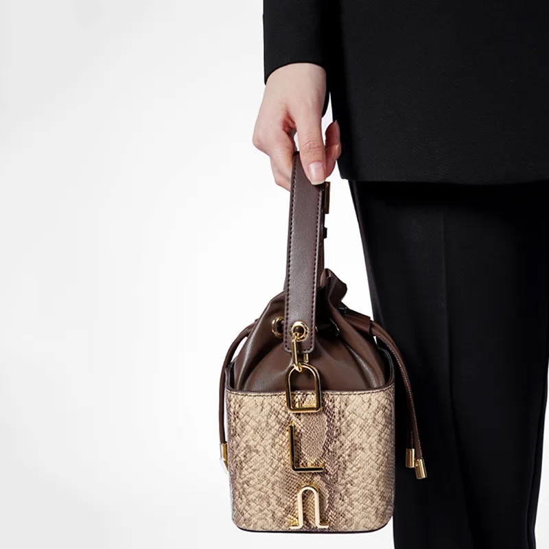BEMIX PETS Cow Leather Bucket Bag Handbag Women's Snake Skin Print-3