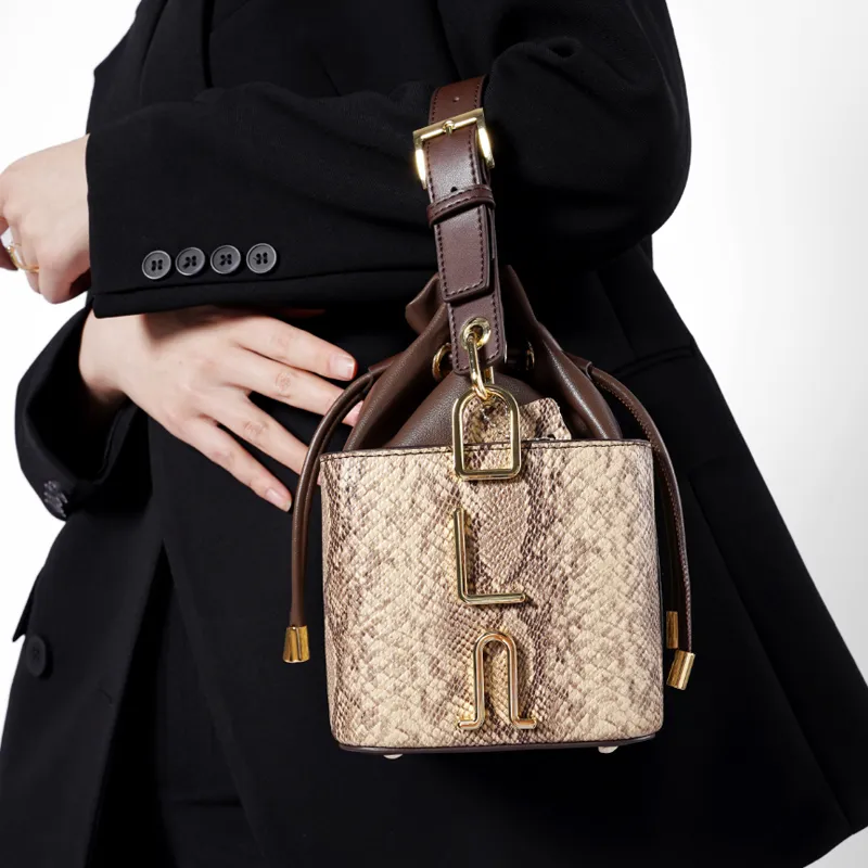 BEMIX PETS Cow Leather Bucket Bag Handbag Women's Snake Skin Print-4