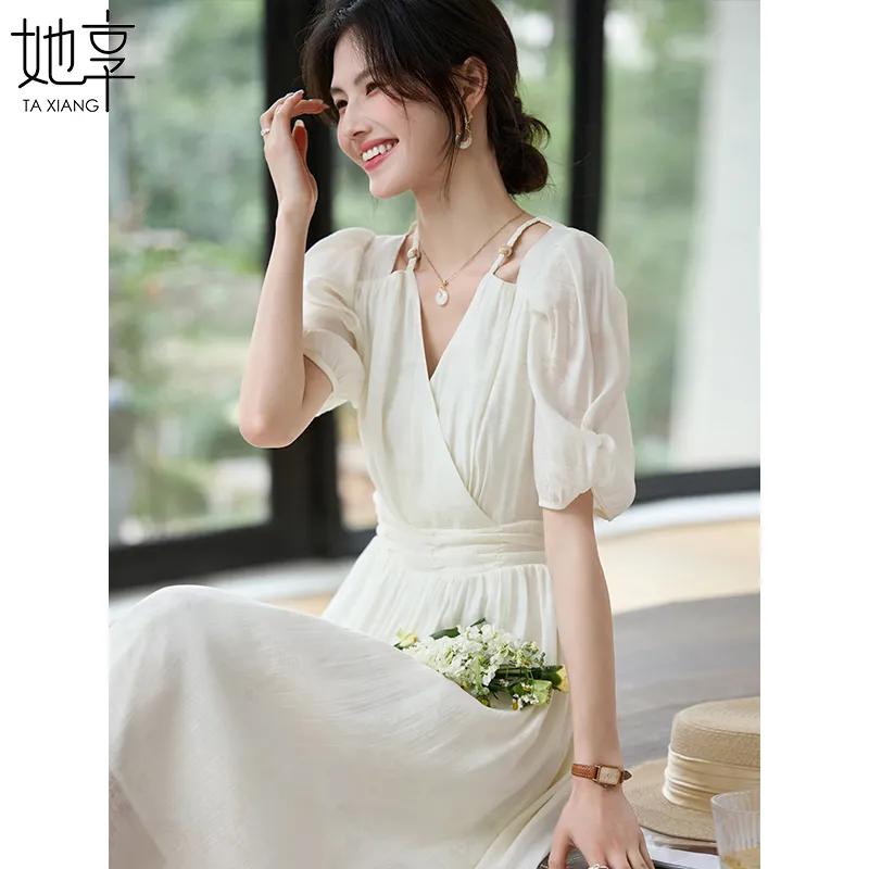 She Enjoys Short Sleeved Dress Women's Milk White-2
