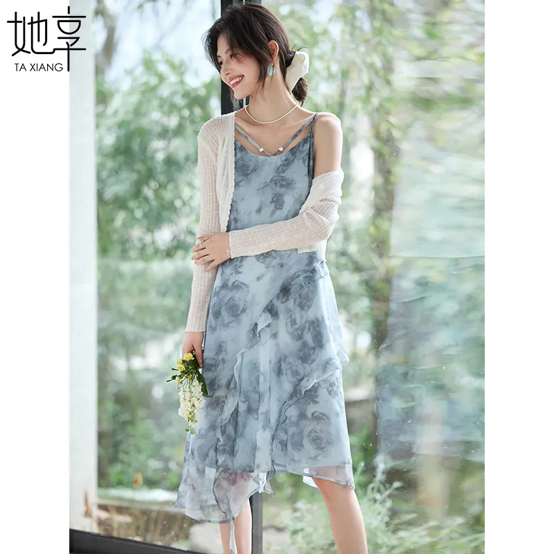 She Enjoys Slip Dress Women's Dark Gray Blue-4