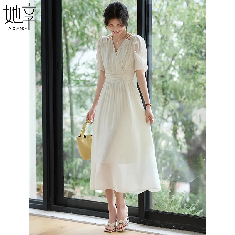 She Enjoys Short Sleeved Dress Women's Milk White-4