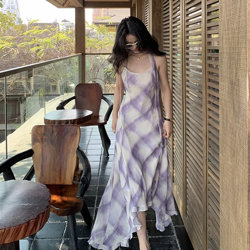Manekniv Slip Dresses Women's Purple Plaid Dress With Ribbon-6