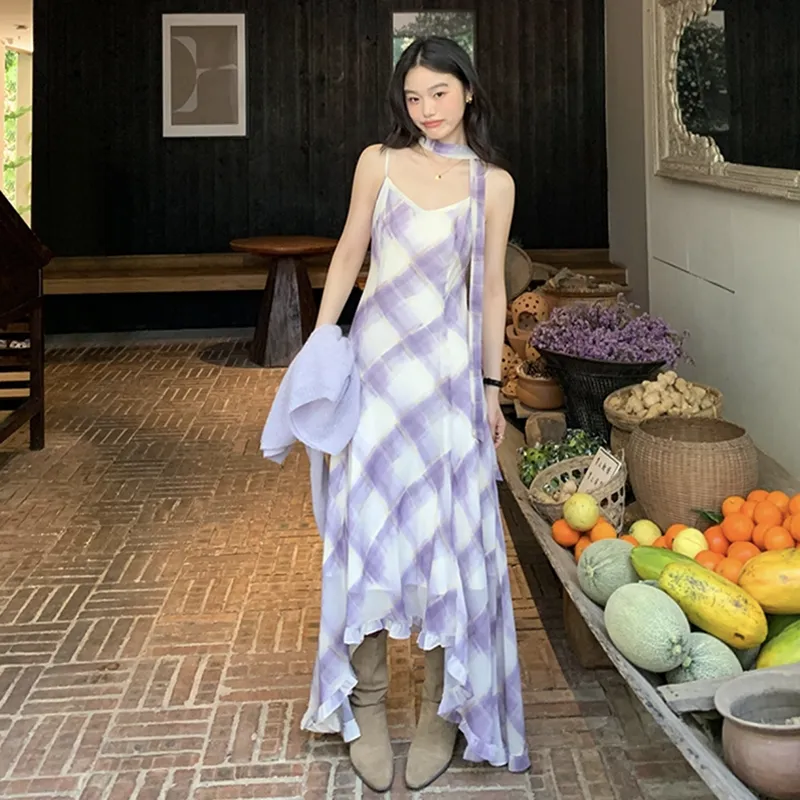Manekniv Slip Dresses Women's Purple Plaid Dress With Ribbon-4