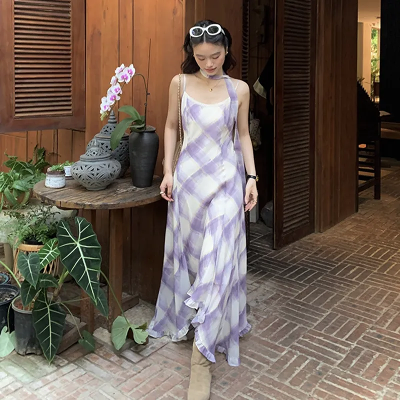 Manekniv Slip Dresses Women's Purple Plaid Dress With Ribbon-5