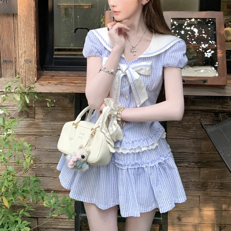 Manekniv Skirt Set Women's Blue Stripes Pattern-3