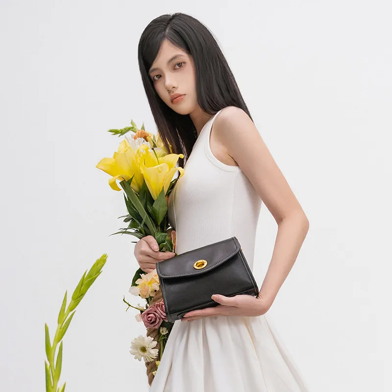 OMI Top Grain Cow Leather Crossbody Bag Women's Pitch Black/Dark Brown/Khaki Brown-4