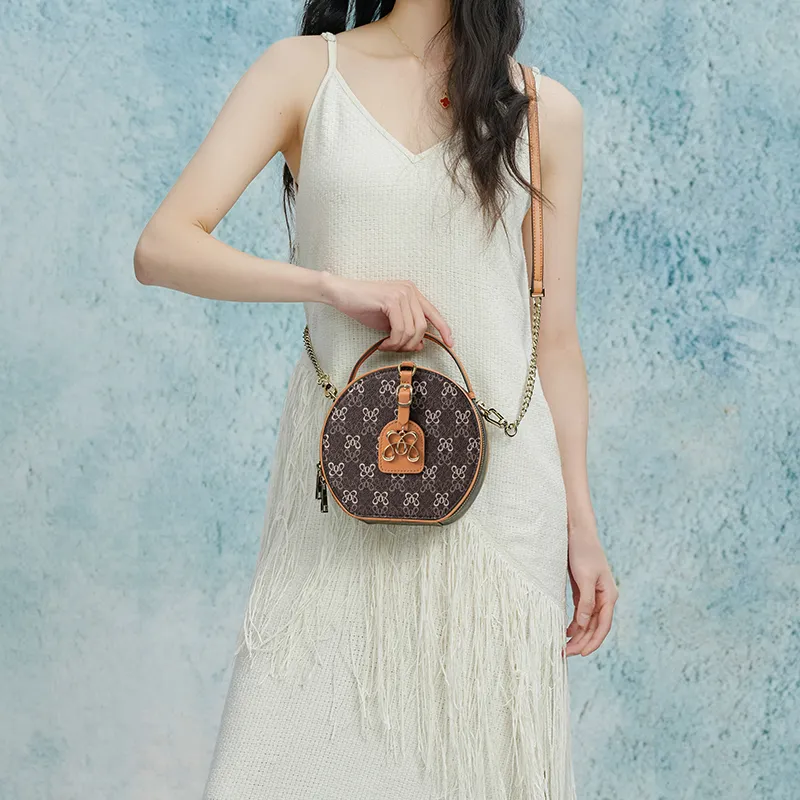 OMI PVC Synthetic Leather Handbag With Shoulder Strap, One Shoulder Bag, Small Round Bag Women's Milk White/Dark Coffee-13