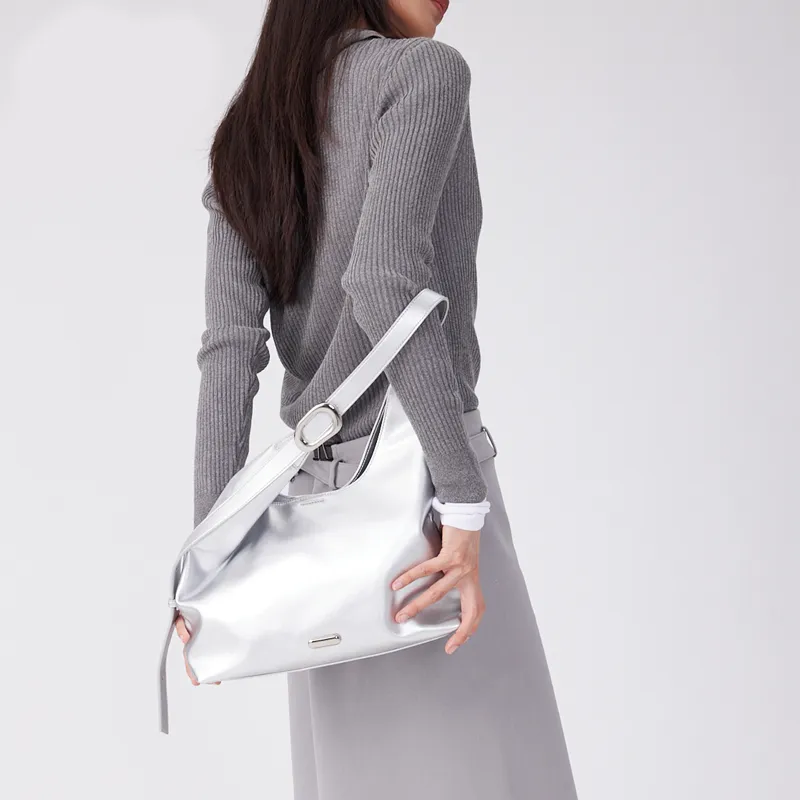OMI Synthetic Leather Shoulder Bag Regular Medium Size Women's Black/White/Silver-8