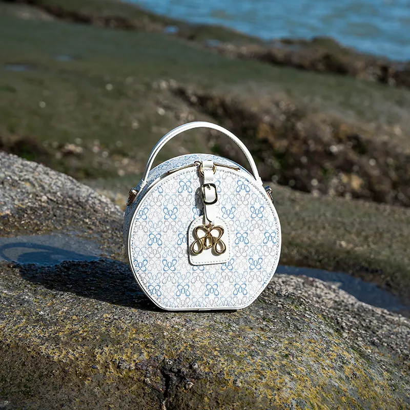 OMI PVC Synthetic Leather Handbag With Shoulder Strap, One Shoulder Bag, Small Round Bag Women's Milk White/Dark Coffee-6